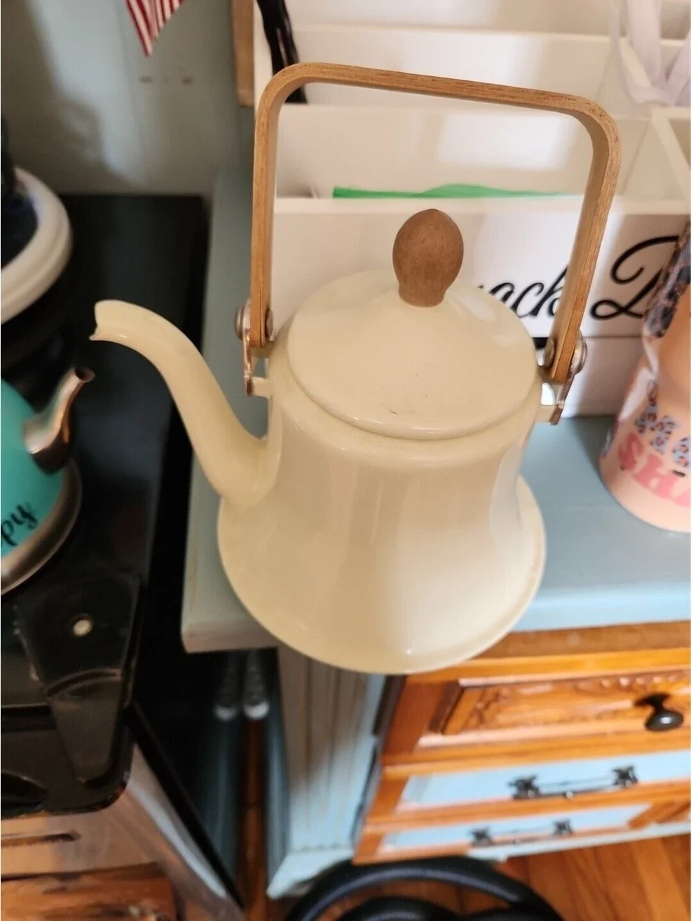 Vintage YELLOW ENAMEL Teapot Tea Kettle with wooden handle
